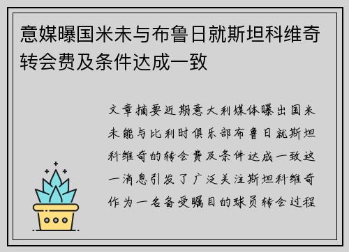 意媒曝国米未与布鲁日就斯坦科维奇转会费及条件达成一致 意媒曝国米未与布鲁日就斯坦科维奇转会费及条件达成一致