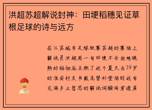 洪超苏超解说封神：田埂稻穗见证草根足球的诗与远方