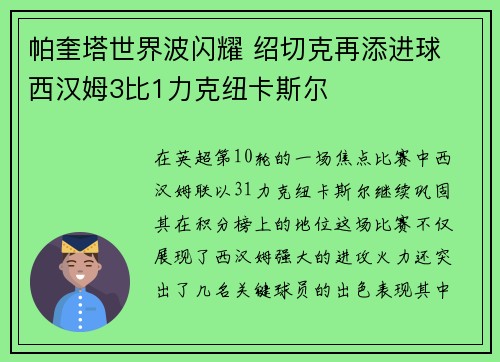 帕奎塔世界波闪耀 绍切克再添进球 西汉姆3比1力克纽卡斯尔 帕奎塔世界波闪耀 绍切克再添进球 西汉姆3比1力克纽卡斯尔